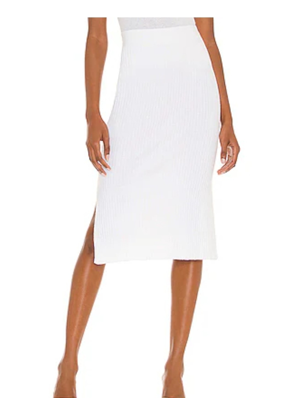 One Grey Day Shani Skirt, High-Waist Ribbed Midi Skirt Side Slits, Cream, Large